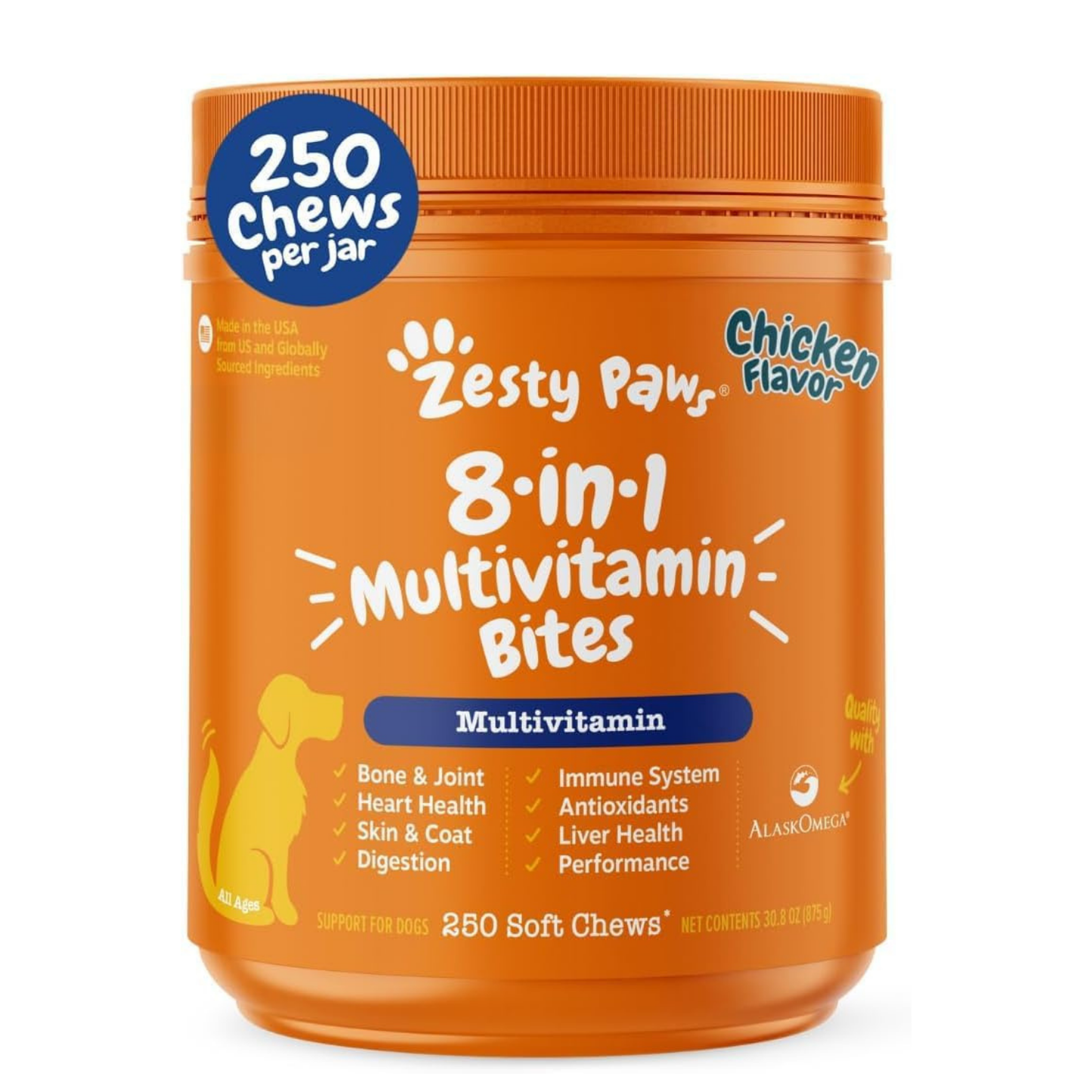 Zesty Paws 8-in-1 Multivitamin Bites for Dogs Chicken Flavor 250 Soft Chews