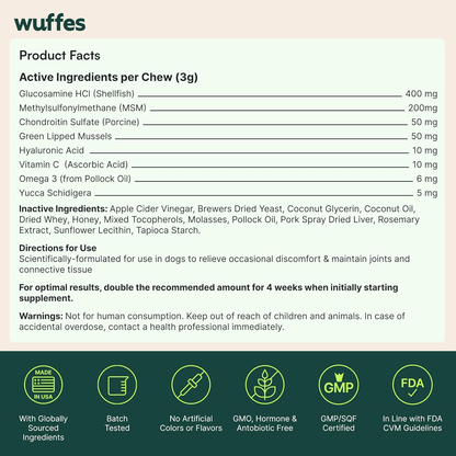 Wuffes Hip & Joint Chews for Small & Medium Breed Dogs Under 65 lbs, 120 Soft Chews 2Pack
