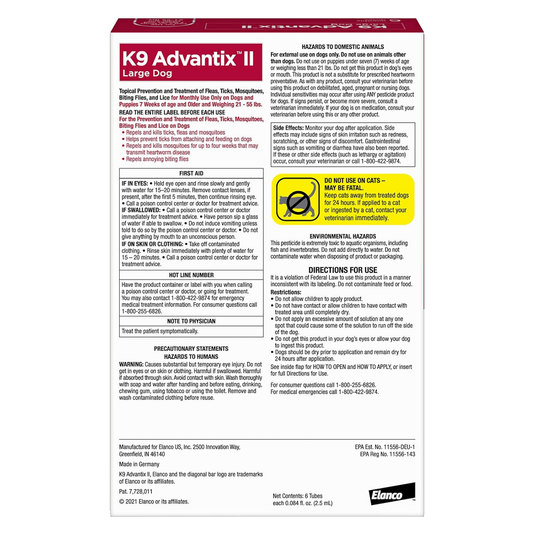 K9 Advantix II Flea Tick & Mosquito Treatment for Large Dogs 21–55 lbs 2 Pack of 6 Month Supply