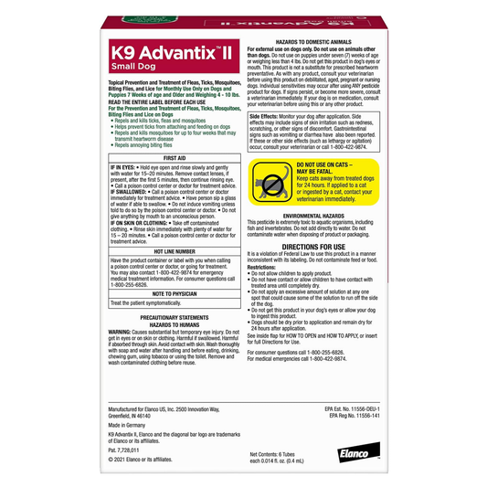 K9 Advantix II Small Dog Flea & Tick Treatment 4-10 lbs 6 Month Supply