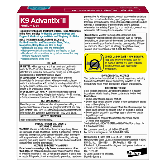 K9 Advantix II Flea Tick & Mosquito Treatment for Medium Dogs 11-20 lbs 2 Pack of 4 Month Doses