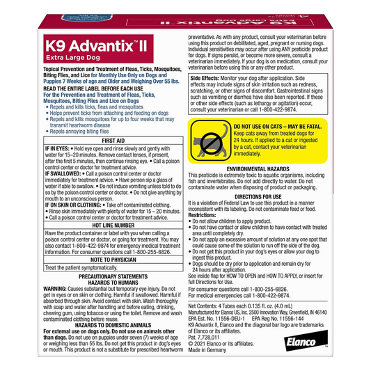 K9 Advantix II Flea Tick & Mosquito Treatment for XL Dogs Over 55 lbs 2 Pack of 4 Month Supply